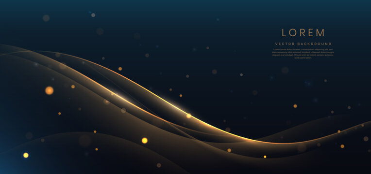 Gold Curved Ribbon On Dark Blue Background With Lighting Effect And Sparkle With Copy Space For Text. Luxury Design Style.