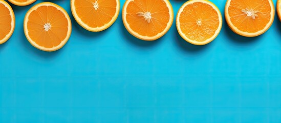 Minimalistic pop art concept with isolated orange fruit on blue background