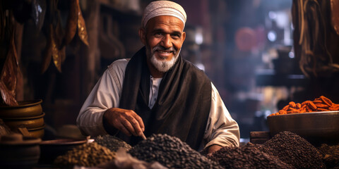 an Egyptian man draped in a black robe offers aromatic spices, the souks of Cairo - obrazy, fototapety, plakaty