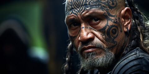 man in a black cloak displays his ancestral tattoos, traditional Maori gathering in New Zealand - obrazy, fototapety, plakaty