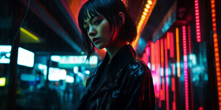 neon-lit street of Tokyo, a young asian individual in black leather absorbs the city's pulsating colors