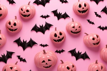 Halloween concept. Top view photo of pumpkins bat silhouettes. Pink colors