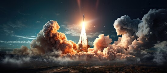 Space rocket launched in starry night sky concept
