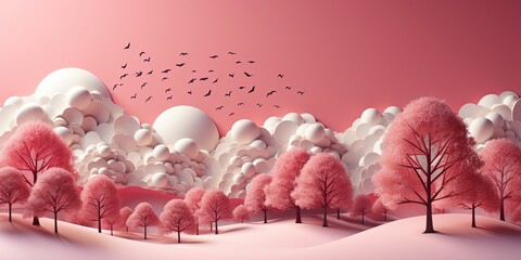 Pink sky and paper cut clouds. Place for text. Happy Valentine's day sale header or voucher template with hearts