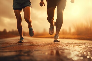 Athletes running on the road in the morning, sunrise training for a marathon, and fitness Runners with healthy lifestyles exercising outdoors.