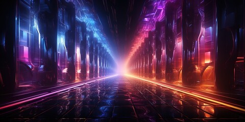 Portal of beautiful neon lights with glowing purple and blue lines in a tunnel