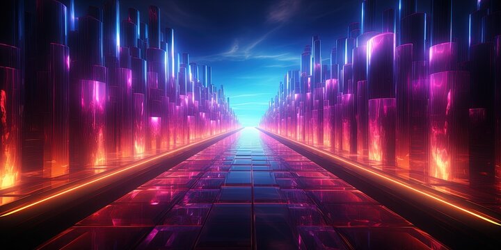 Portal of beautiful neon lights with glowing purple and blue lines in a tunnel