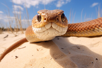 Brown snake on sandy ground. Close-up sand viper in the desert with white sand and blue sky. Generative AI - Powered by Adobe