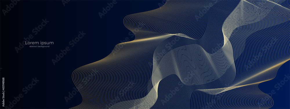 Poster Vector wave dynamic gold lines. Smooth curve gold color on blue gradient background. Background for concept of technology, digital, communication. Vector EPS 10