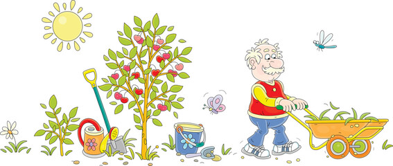 Fototapeta premium Funny elderly villager with his cart in a garden out of town, vector cartoon illustration on a white background