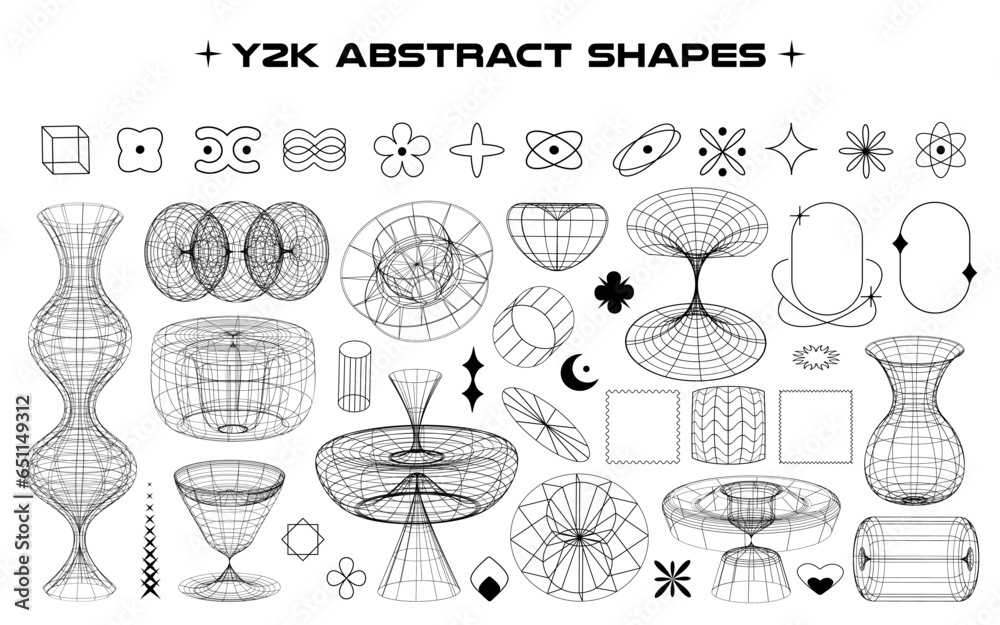 Aufkleber Retro futuristic isolated abstract shapes, wireframe model, cyberpunk elements in trendy y2k style. Vector illustration on transparent background.