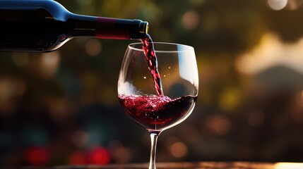 Pouring red wine from a bottle into a glass on blurred background. Winery concept - obrazy, fototapety, plakaty