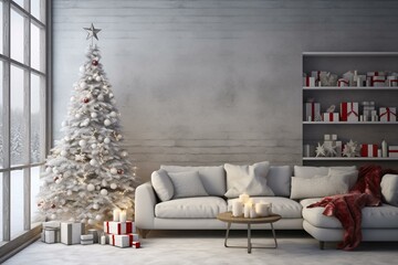 Festively adorned scandinavian living room with Christmas tree, presents, and wall decorations. 3D-rendered image. Generative AI
