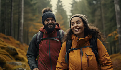 pareja de hombre y mujer de excursión por un bosque otoñal con vestuario adecuado - obrazy, fototapety, plakaty