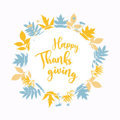 Fototapeta na wymiar Happy thanksgiving circle background with falling autumn leaves pastel colors. Vector illustration