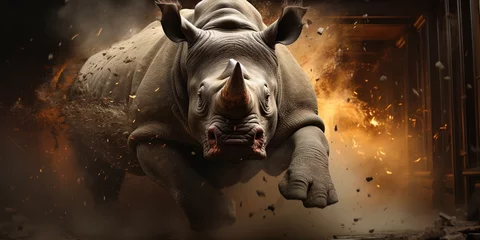 Tuinposter Running rhinoceros destroys a wall. © Coosh448