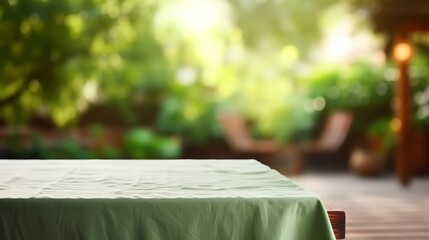 Empty wooden table with tablecloth top product display showcase stage. Garden background Generative AI	