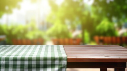 Empty wooden table with tablecloth top product display showcase stage. Garden background Generative AI	