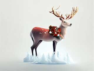 christmas reindeer with red ribbon and snowflakes