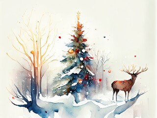 christmas card with reindeer, watercolor effect