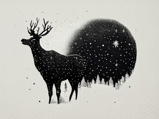 silhouette of a deer, moon and trees