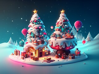 santa claus and christmas tree, 3d style