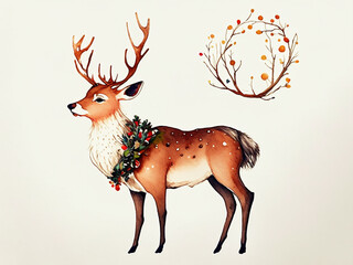 christmas deer with a ribbon, hand draw style