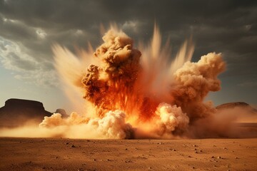 Explosive blast in arid landscape. Generative AI - obrazy, fototapety, plakaty