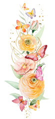 Bouquet with watercolor butterflies on orange and yellow flowers and green leaves, illustration