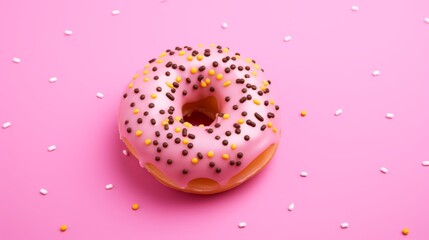 Donut with sprinkles on pink background, Generative AI