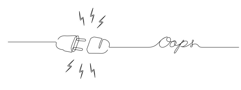One continuous line drawing of Plug and Socket unplug. Power electric outlet in simple linear style. Concept of 404 error Oops page not found. Editable stroke. Doodle Vector illustration