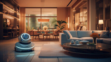 interior in a cool and sophisticated house robot maid - obrazy, fototapety, plakaty