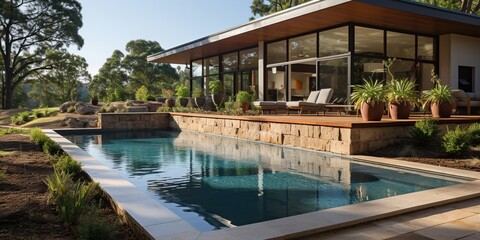 Fototapeta premium The fenced backyard of a newly built house features a rectangular swimming pool with tan concrete borders.