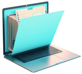 Laptop with file folders, png transparent background. Generative AI