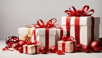 Gifts with red ribbons on a white background. generative ai