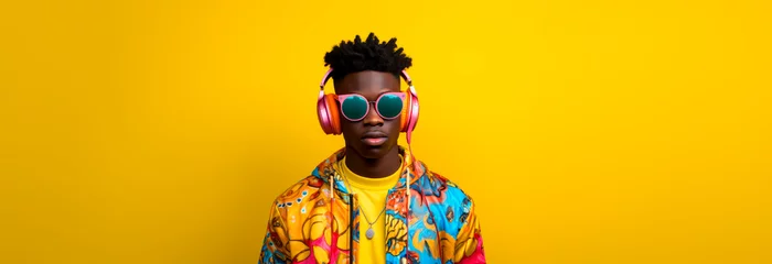 Fototapeten Young man in 90s style clothing wearing a headset looking stylish and funky. Fashion style photograph in a colorful 1990ies style. Yellow Studio background with copy space. © henjon