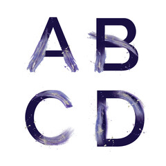 Watercolor violet abstract alphabet with gold splashes - 651155595