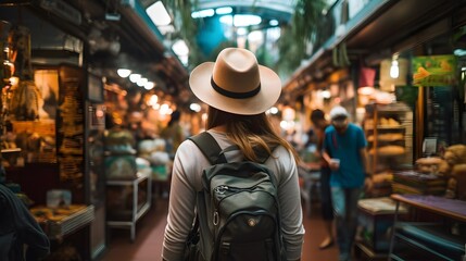 Market Exploration: Woman Tourist in Hat with Backpack