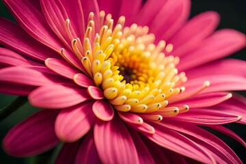 Create an exquisite close-up shot of a Chrysanthemum flower,  its intricate petals and rich, captivating colors, set against a backdrop of lush greenery