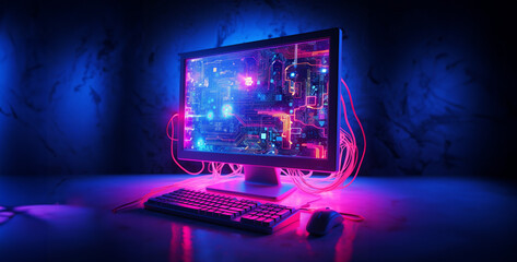 computer monitor with code on screen, lights on the wall, a neon room with a computer screen hd wallpaper - obrazy, fototapety, plakaty