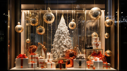 Christmas shop window decorated background. New Year's design decor for stores. Festive mood. Christmas and New Year sales concept. Stylish decoration storefront with garland lights and fur trees.