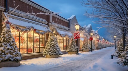 Obraz premium Christmas shop window decorated background. New Year's design decor for stores. Festive mood. Christmas&nbsp;and New Year sales concept. Stylish decoration storefront with garland lights and fur trees.