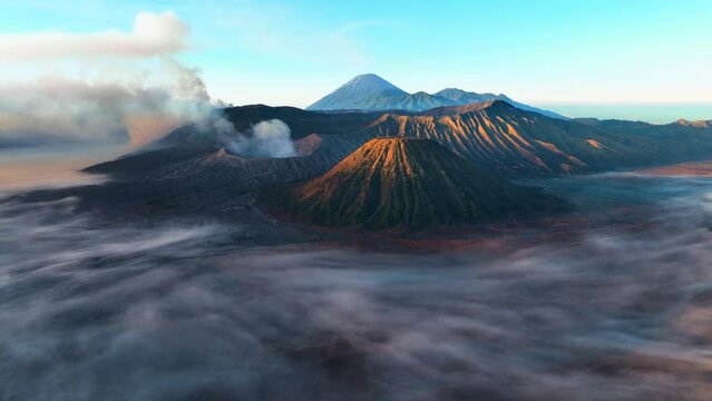 breathtaking aerial view of Bromo volcano in Indonesia, East Java, tourism in Indonesia, hiking an active volcano, adventure in Bromo volcano