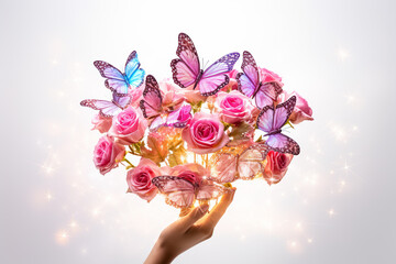 Flowers blossom from the woman's hands, and butterflies flutter around. Presenting hope for a world brimming with love and peace. Sharing happiness and joy. The concept of love, coexistence, and SDGs.