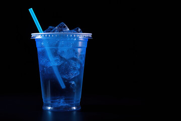 Blue drink in a plastic cup isolated on a black background. Take away drinks concept with copy space