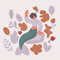 Vector illustration of Funny and cute young woman mermaid with sea lilies dancing, teenage mermaid girl waving, and Aloha from Hawaii text. Undersea inhabitant, mythic creature.