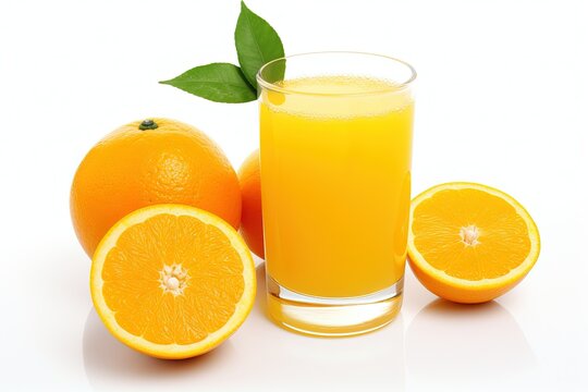 Orange juice. Juice in glass with orange slices and green leaf isolated on white background. generative ai