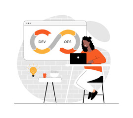 DevOps developer concept. Programmer working on software development, operations process, technical support, automation process. Illustration with people scene in flat design for website and mobile 