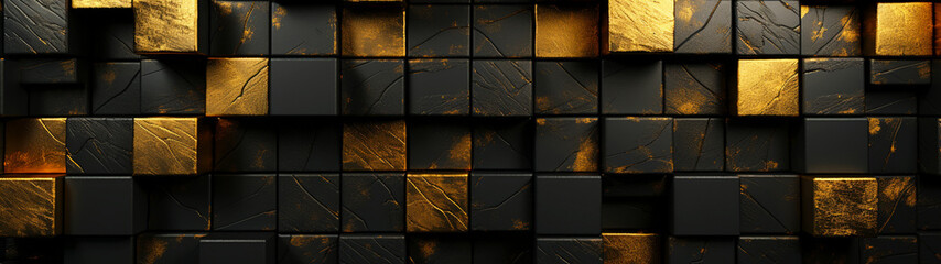 Abstract minimal business background, banner. Modern design with geometry squares pattern. Gold and black wallpaper. Generative AI