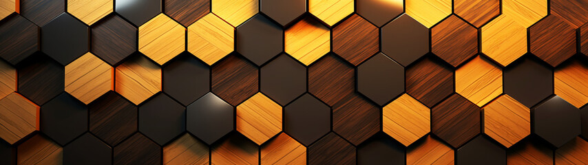Abstract minimal business background. Modern design, hexagon pattern wallpaper. Wood and gold. Generative AI - obrazy, fototapety, plakaty